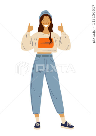 Modern girl student shows like. A happy woman in jeans expresses agreement and support. Flat vector illustration. 112156617