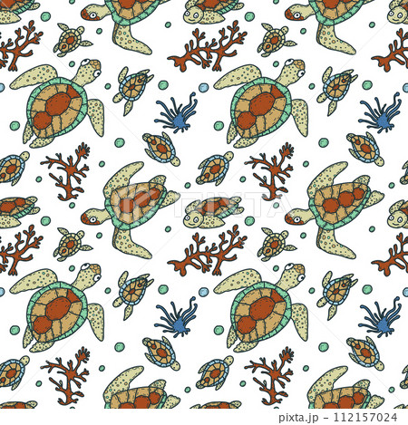 Hand drawn seamless pattern with sea turtles. Tropical underwater life background. Vector illustration. 112157024