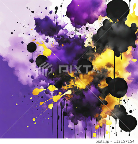 artistic ink blots of black, purple, bright gold colors mixed with each other on white background 112157154