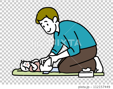 オムツ替えをする新米パパ オムツ替えをする新米パパ 112157449