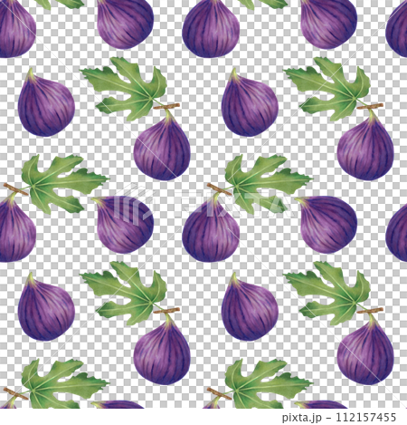 Seamless pattern of fig fruit with leaves.Illustration with watercolors and markers.Isolated handmade art. Bright tropical berries for background design, wallpaper, textiles, juice packaging, menu. 112157455