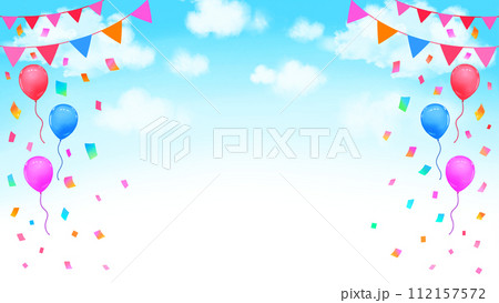 イベントのフレーム背景　青空とガーランドと風船と紙吹雪　16:9 112157572