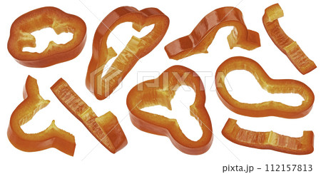 Sweet bell pepper slices, chopped paprika isolated on white background with clipping path, full depth of field Sweet bell pepper slices, chopped paprika isolated on white background with clipping path, full depth of field 112157813