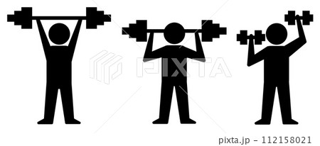 バーベルやダンベルを持上げて筋肉を付ける筋トレをする人物のイラスト 112158021