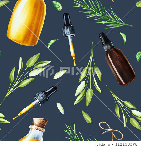 Watercolor seamless pattern with aromatic herbs with bottles of serum. Illustrations of fresh rosemary, mint, sage isolated on background. Detail of beauty products and botany set, cosmetology and Watercolor seamless pattern with aromatic herbs with bottles of serum. Illustrations of fresh rosemary, mint, sage isolated on background. Detail of beauty products and botany set, cosmetology and 112158378