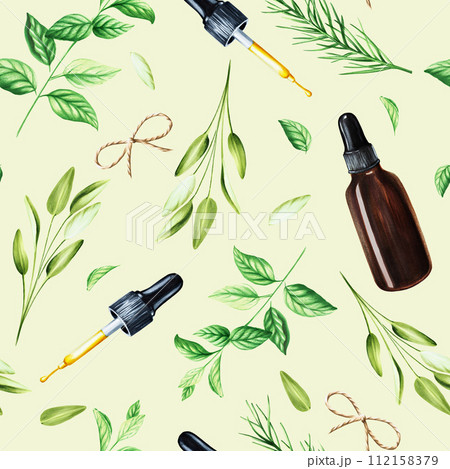 Watercolor seamless pattern with aromatic herbs with bottles of serum. Illustrations of fresh rosemary, mint, sage isolated on background. Detail of beauty products and botany set, cosmetology and Watercolor seamless pattern with aromatic herbs with bottles of serum. Illustrations of fresh rosemary, mint, sage isolated on background. Detail of beauty products and botany set, cosmetology and 112158379