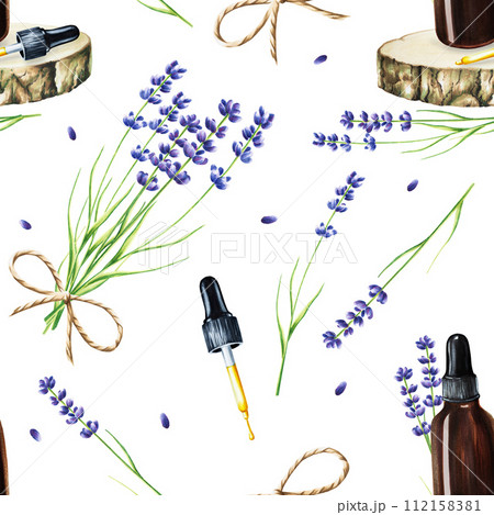 Watercolor seamless pattern with face cream in a jar and bottle of serum on a wooden saw cut with lavender isolated on white background.Beauty products and botany elements, cosmetology and medicine. Watercolor seamless pattern with face cream in a jar and bottle of serum on a wooden saw cut with lavender isolated on white background.Beauty products and botany elements, cosmetology and medicine. 112158381