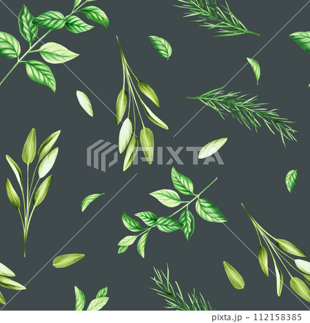 Watercolor seamless pattern with aromatic herbs with bottles of serum. Illustrations of fresh rosemary, mint, sage isolated on background. Detail of beauty products and botany set, cosmetology and Watercolor seamless pattern with aromatic herbs with bottles of serum. Illustrations of fresh rosemary, mint, sage isolated on background. Detail of beauty products and botany set, cosmetology and 112158385