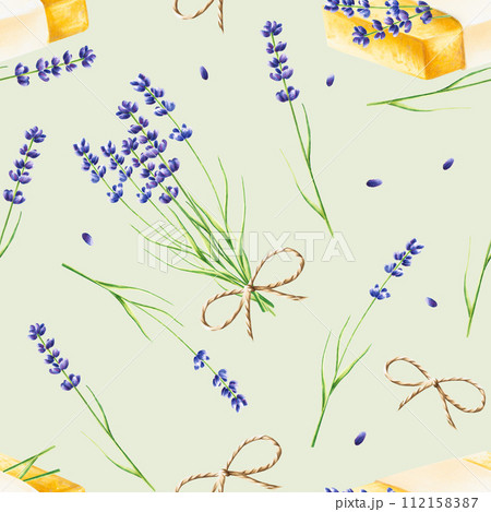 Watercolor seamless pattern with lavender and soap illustration isolated on white background. Detail of beauty products and botany set, cosmetology and medicine. For designers, spa decoration, 112158387