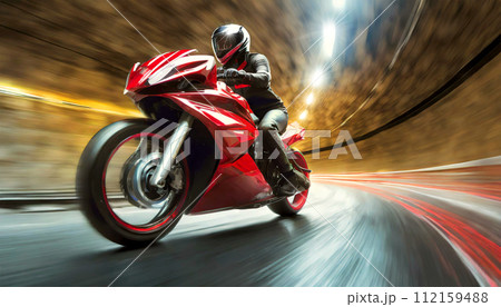 High Speed Motor Bike Racer on the Road in a Tunnel - Generative Ai 112159488
