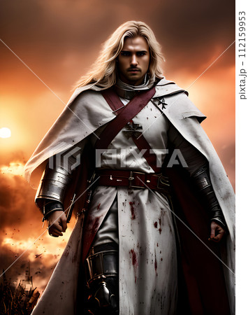 Crusader fights with crosses bloodsoaked battlefield. Sunset 112159953