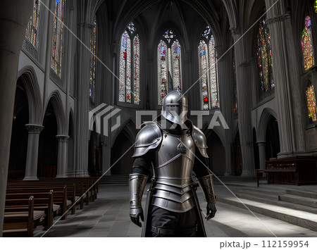 Knight. Silver armor. Gothic church. Sunset. Maximum 112159954