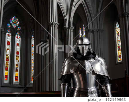 Knight silver armor gothic church sunset cinematic 112159968