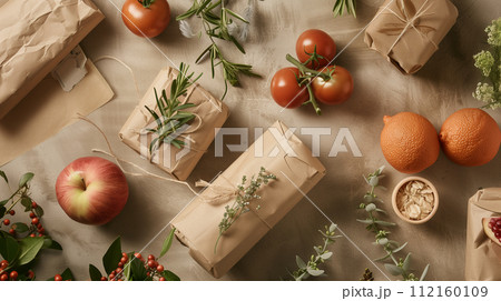 A top-down view of beautifully arranged eco-friendly packaged goods, accompanied by fresh produce and natural greenery, symbolizing sustainable living. 112160109