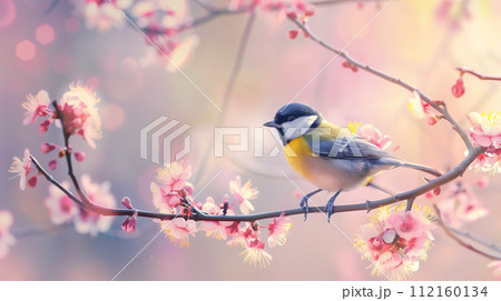 A vibrant titmouse perched gracefully on a...のイラスト素材 [112160134] - PIXTA