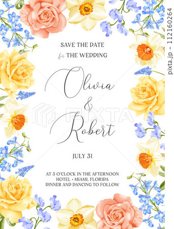 Floral spring frame with yellow and pink rose, blue delphinium, daffodils, hyacinth and sweet pea flowers. 112160264