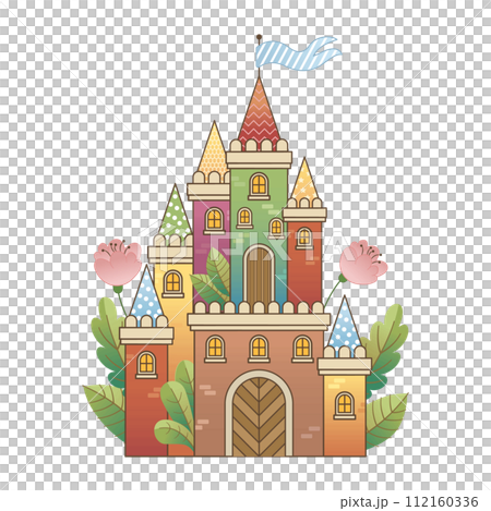 Colorful fairy tale castle, cute cartoon style, decorated with trees and flowers, isolated on white background. 112160336