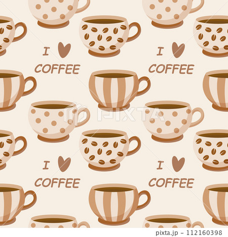 Seamless pattern, vintage coffee cups with ornament and coffee beans. Background, print, vector Seamless pattern, vintage coffee cups with ornament and coffee beans. Background, print, vector 112160398