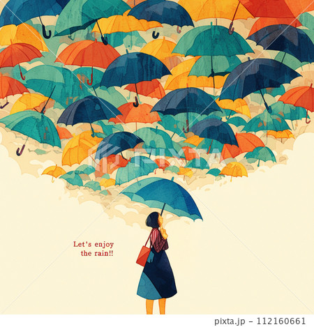 【AI生成画像・AIイラスト】傘をさす女性と"Let's enjoy the rain!!"の文字 112160661