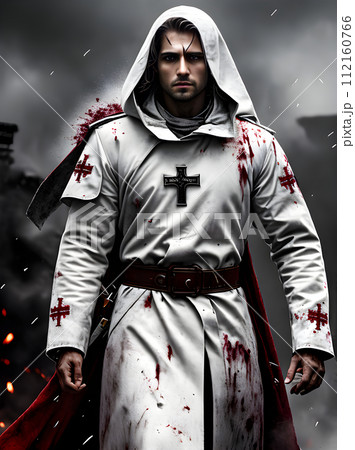 Crusader dons white coat wields crosses spills 112160766