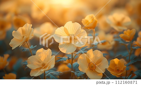 Background illustration about spring. There are flowers in the meadow in the beautiful morning sunlight with a blurred background makes you feel refreshed and want to create new things or start over. 112160871