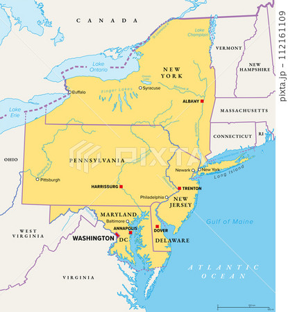 Mid-Atlantic region of the United States, political map. Located in the overlap between Northeastern and Southeastern states, including Delaware, D.C., Maryland, New Jersey, New York and Pennsylvania. 112161109