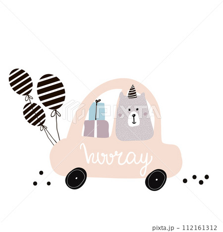 Hooray quote. Cute polar bear on cartoon car. Greeting card, posters, apparel 112161312