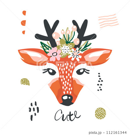 Cute cartoon dear girl with flowers on head. Childish print for nursery, kids apparel,poster, postcard. Vector Illustration Cute cartoon dear girl with flowers on head. Childish print for nursery, kids apparel,poster, postcard. Vector Illustration 112161344