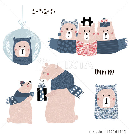 Cute cartoon bear winter collection. Christmas adorable clip art with polar bears in hats and scarves isolated. Vector Illustration Cute cartoon bear winter collection. Christmas adorable clip art with polar bears in hats and scarves isolated. Vector Illustration 112161345