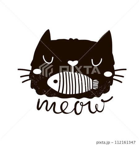 Cute cartoon cat face with fish in mouth print. Childish print for nursery, kids apparel,poster, postcard. Vector Illustration Cute cartoon cat face with fish in mouth print. Childish print for nursery, kids apparel,poster, postcard. Vector Illustration 112161347