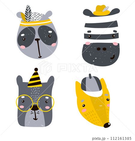 Set of four cute animal faces. Creative animal print zebra, dog,bear,panda, for nursery,apparel,cards. Vector Illustration 112161385