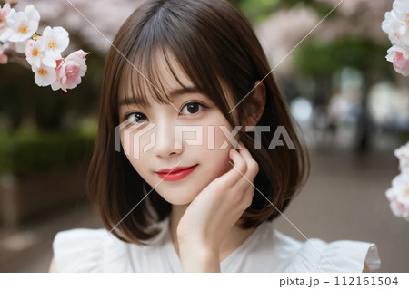 桜を楽しむミディアムヘアの女性「AI生成画像」 112161504