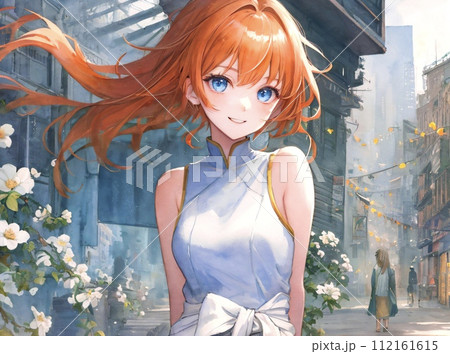 美少女 オレンジ髪 ロングヘアーのイラスト素材 [112161615] - PIXTA