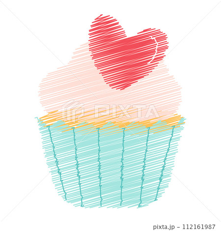 Valentine cupcake with heart. doodle style isolated on white background. Love concept.  112161987