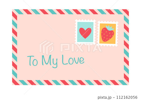 Valentine letter in envelope with post stamps. Happy Valentines Day Valentine letter in envelope with post stamps. Happy Valentines Day 112162056