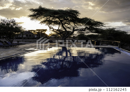 Tanzania, Serengeti, sunset over the swimming pool of the Masek tent camp 112162245