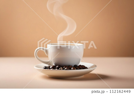 Cup of coffee and saucer. White classic ceramic mug filling a hot black coffee isolated on a beige studio background. Steaming flowing smoke. Coffee beans on a table. Copy space, front view, banner. 112162449