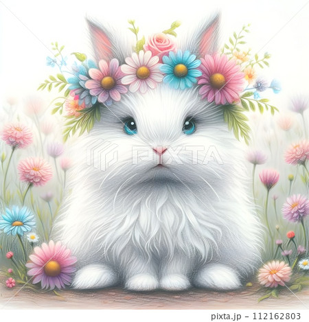 A fluffy white rabbit sitting in a field of flowers. 112162803