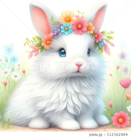A fluffy white rabbit sitting in a field of flowers. 112162804