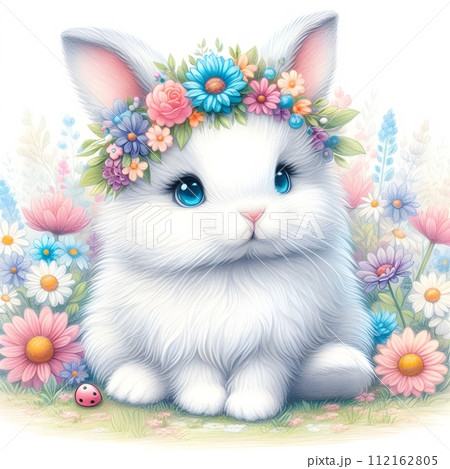 A fluffy white rabbit sitting in a field of flowers. 112162805