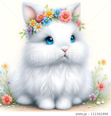 A fluffy white rabbit sitting in a field of flowers. 112162806