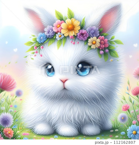 A fluffy white rabbit sitting in a field of flowers. 112162807