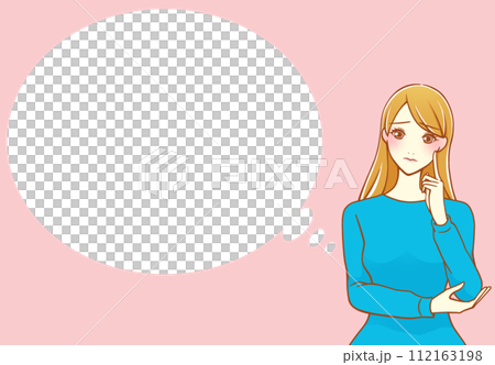 人差し指を頬にあてて考える茶髪の女性 フキダシ(青×桃) 人差し指を頬にあてて考える茶髪の女性 フキダシ(青×桃) 112163198