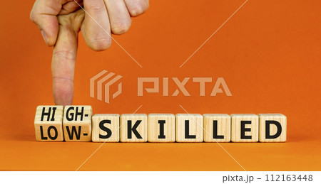 High or low skilled symbol. Concept words High-skilled or Low-skilled on beautiful wooden blocks. Beautiful orange background. Businessman hand. Business high or low skilled concept. Copy space. 112163448
