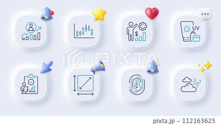 Square area, Sunscreen and Employees wealth line icons. Buttons with 3d bell, chat speech, cursor. Pack of Candlestick graph, Windy weather, Fingerprint icon. Career ladder, Inspect pictogram. Vector Square area, Sunscreen and Employees wealth line icons. Buttons with 3d bell, chat speech, cursor. Pack of Candlestick graph, Windy weather, Fingerprint icon. Career ladder, Inspect pictogram. Vector 112163625