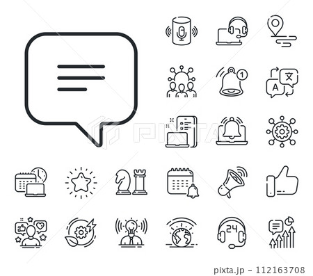 Chat comment sign. Place location, technology and smart speaker outline icons. Text message line icon. Speech bubble symbol. Text message line sign. Influencer, brand ambassador icon. Vector 112163708