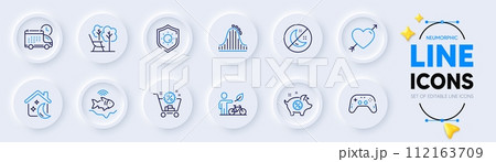 Deckchair, Sun protection and Piggy sale line icons for web app. Pack of Love, Eco bike, Roller coaster pictogram icons. Fishfinder, Sleep, Gamepad signs. Delivery, Insomnia, Shopping cart. Vector 112163709
