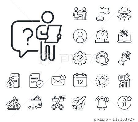 Interview candidate sign. Salaryman, gender equality and alert bell outline icons. Search employee line icon. Question mark symbol. Search employee line sign. Spy or profile placeholder icon. Vector 112163727