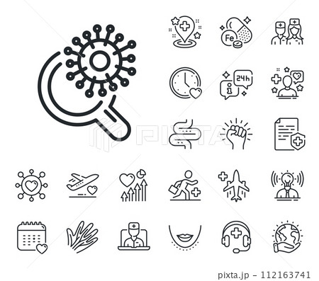 Search Covid-19 virus vaccine sign. Online doctor, patient and medicine outline icons. Coronavirus research line icon. Corona virus test symbol. Coronavirus research line sign. Vector 112163741