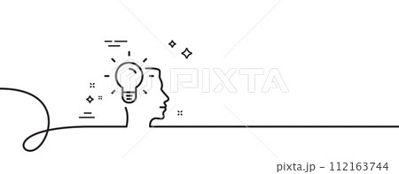 Business Idea line icon. Continuous one line with curl. Light bulb symbol. Human head sign. Idea single outline ribbon. Loop curve pattern. Vector Business Idea line icon. Continuous one line with curl. Light bulb symbol. Human head sign. Idea single outline ribbon. Loop curve pattern. Vector 112163744